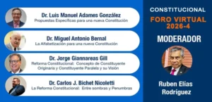 Ilustración digital con foto de los expositores del tema 'HACIA UNA NUEVA CONSTITUCIÓN: entre luces y sombras'