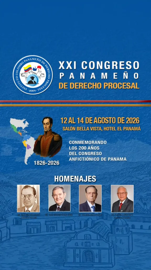Portada oficial del sitio web con el afiche del Congreso de Derecho Procesal 2026 Y los personajes que serán homenajes en el Congreso.
