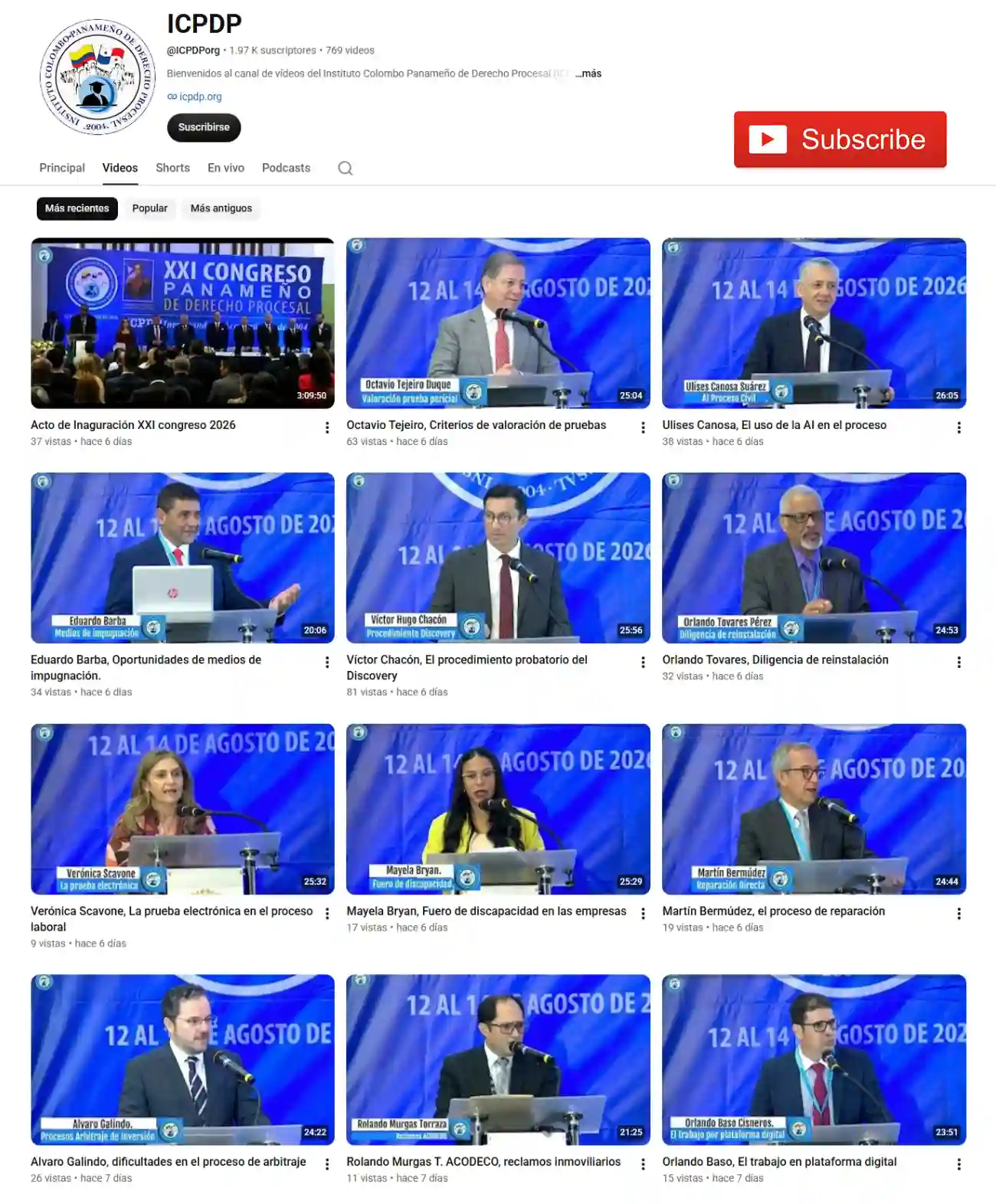 Captura gráfica del canal de youtube del ICPDP para incentivar la suscripción.