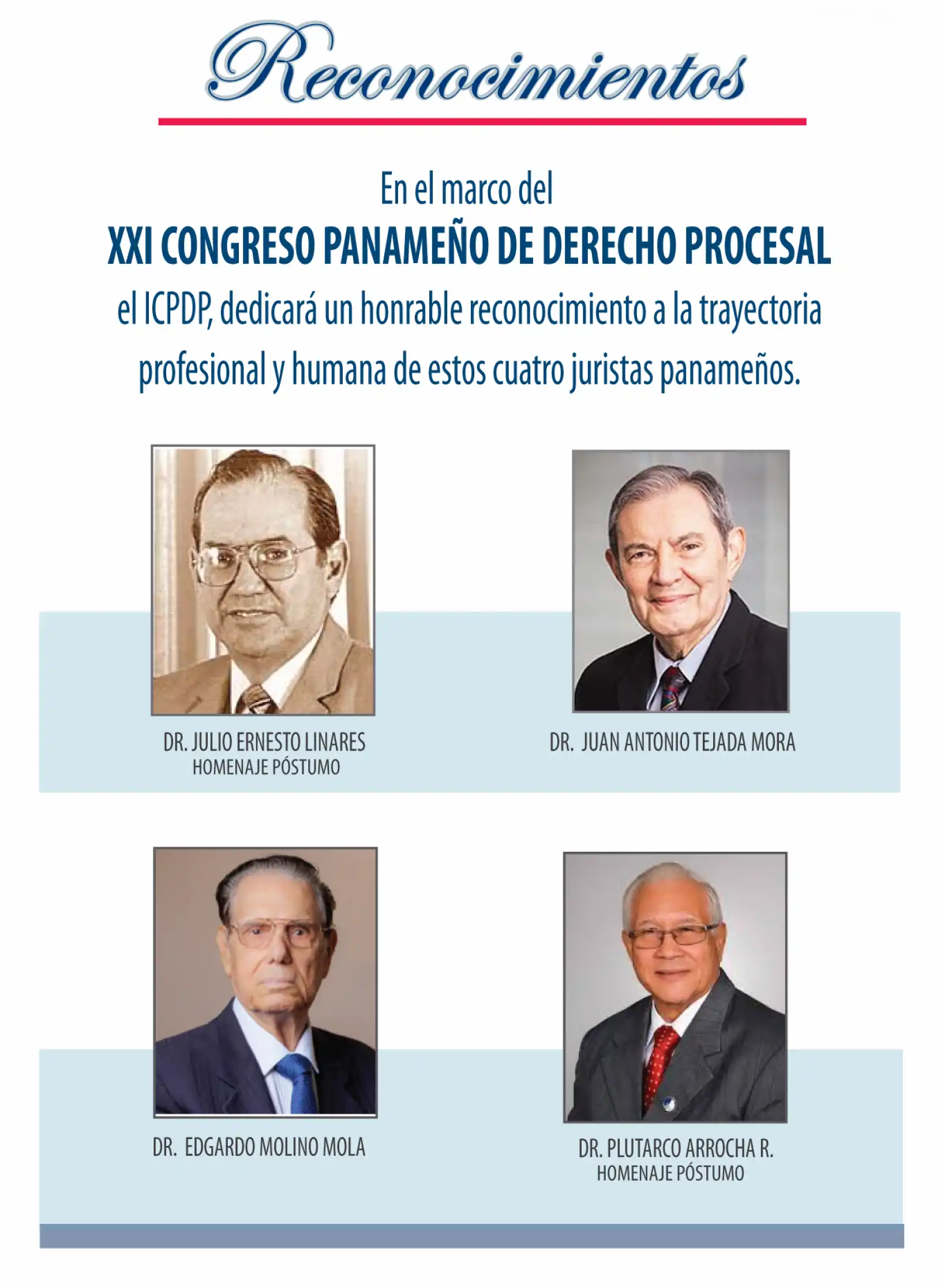 Galería fotográfica de los reconocimientos y homenajes póstumo durante el XXI Congreso Panameño de Derecho Procesal 2026