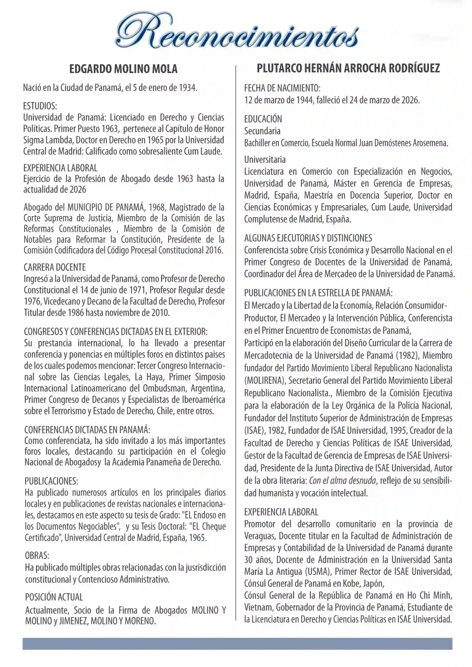 Resumen y extracto de los reconocimientos y homenajes póstumo durante el XXI Congreso Panameño de Derecho Procesal 2026